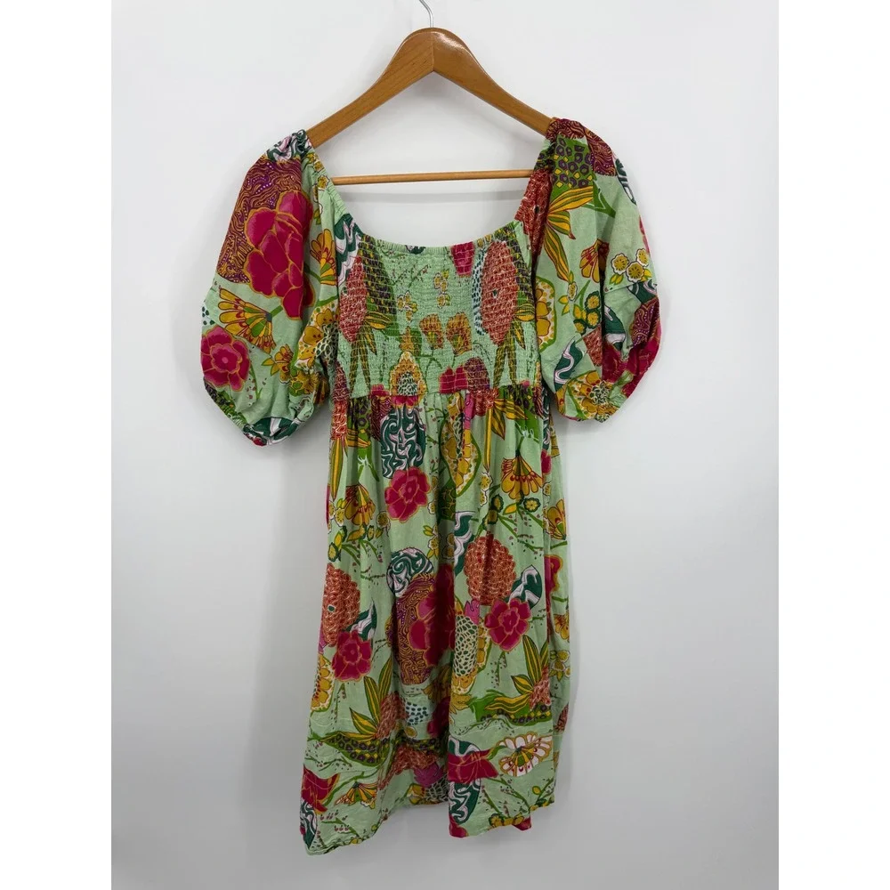 Uncle Frank 75582 Smocked Mini Dress Womens M Green Tropical floral Puff Sleeve